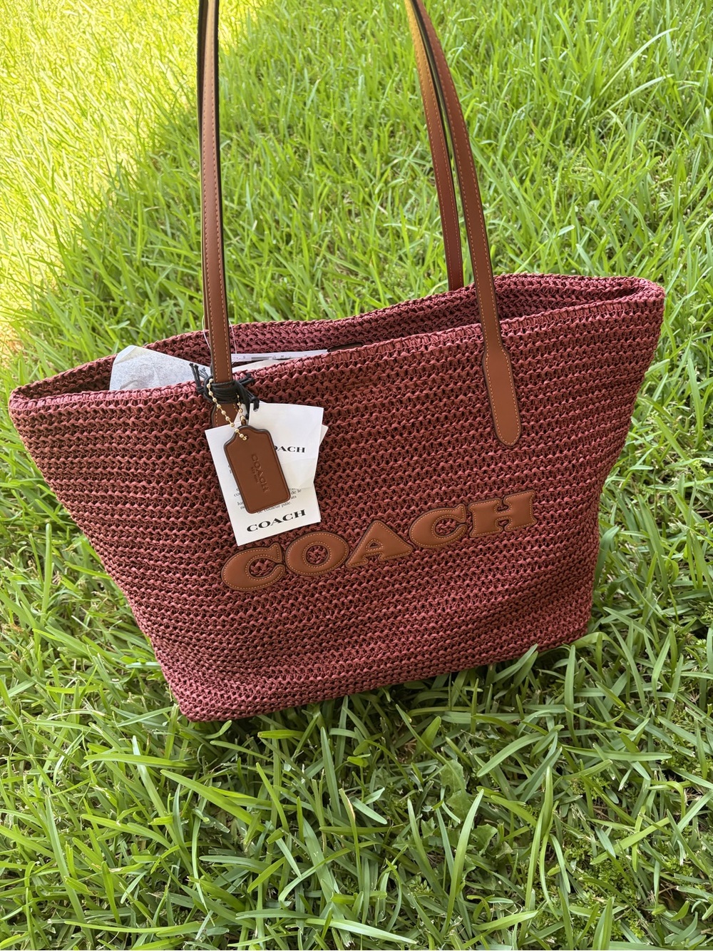 Coach Braided Straw Tote in Rust Red with Tan Trim straw city tote new last one